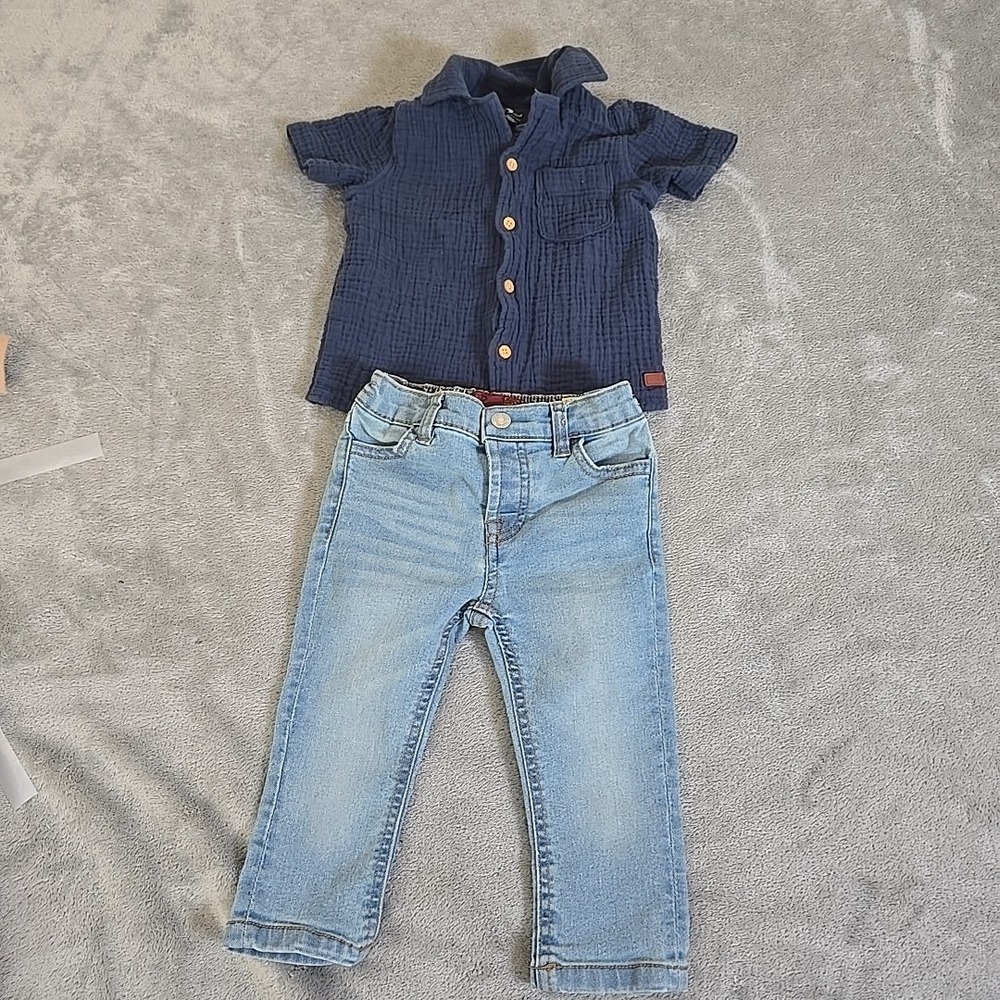 7 For All Mankind Jeans And Shirt Set Boys Jeans 12 M Shirt 24M Casual Stretchy